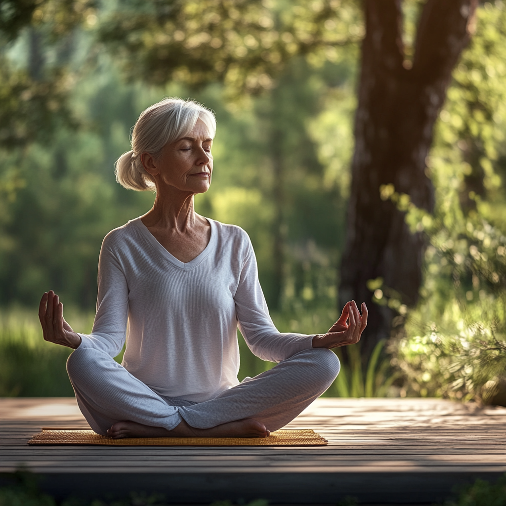 Жінка середнього віку практикує йогу